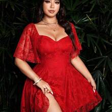 Sunspun Plus Size Women Fashion Romantic Elegant Sweetheart Collar Mesh Short Dress - Rojo - Ver 6