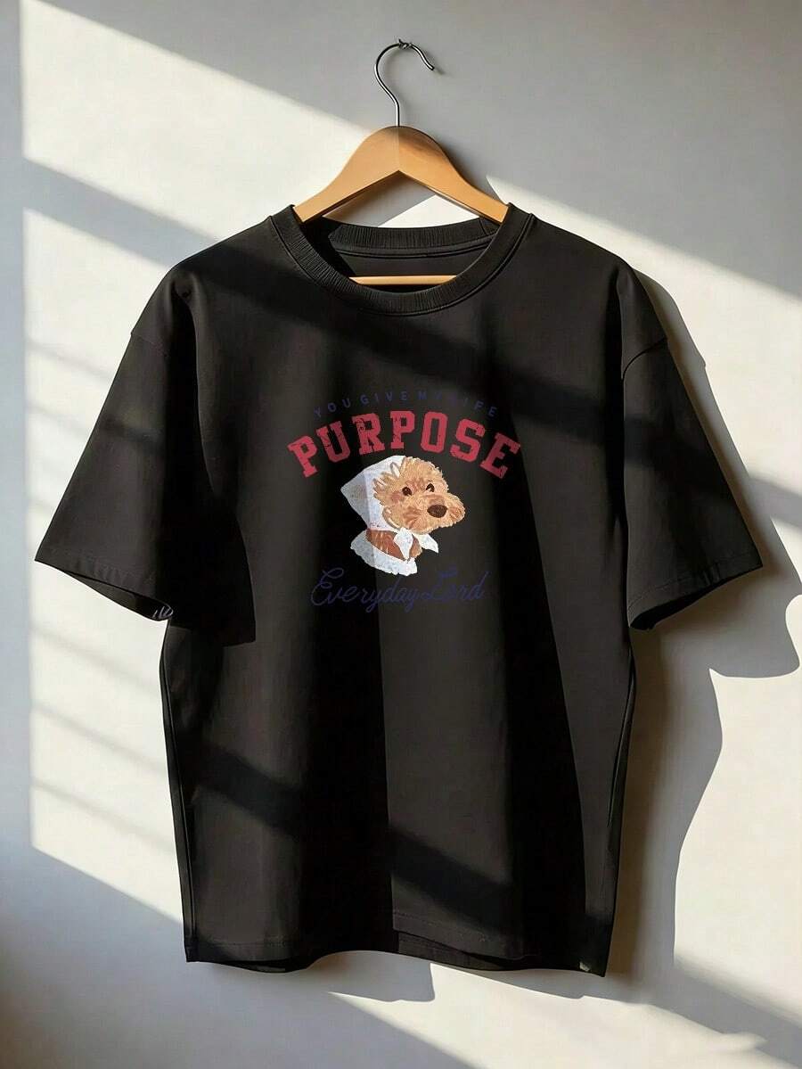 Cute Dog Short Sleeve T-Shirt With American Calligraphy, Fashionable Short Sleeve T-Shirt For Spring And Summer 2026, Made In Mexico, 180 Grams. Cartoon Print, Couple Design, Suitable For Indoor Or Outdoor Wear. Crew Neck, Unisex, Ideal For Office And Leisure. One-Pack. - BK-P631577SLNDXZGY382 - 查看 1
