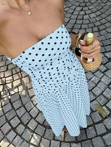 Vestido bandeau con cintura ceñida y estampado de lunares, estilo vacacional - Azul - Ver 3