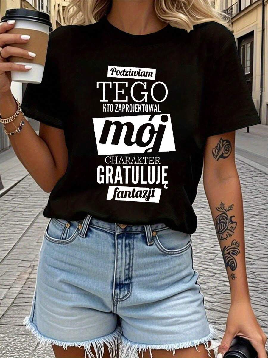 Podziwiam Tego Letter Print T-Shirt, Short Sleeves And Round Neck, Casual Top For Summer And Spring, Women's Clothing - 黑色 - 查看 1