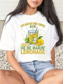 Camiseta de Mujer con Estampado Gráfico de Lemonade Jesus, Ropa Casual de Verano, 220g |     Diseño exquisito |     Suelto y cómodo |     Fácil de combinar | - Blanco - Ver 8