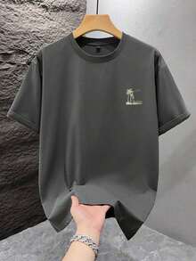 1 pieza Camiseta de hombre con estampado gráfico, ropa de playa de verano, camiseta de manga corta de corte holgado. Esta camiseta de hombre tiene un diseño casual y de estilo vacacional, muy adecuada para escapadas a la playa, así como para uso diario. - Gris Oscuro - Ver 3