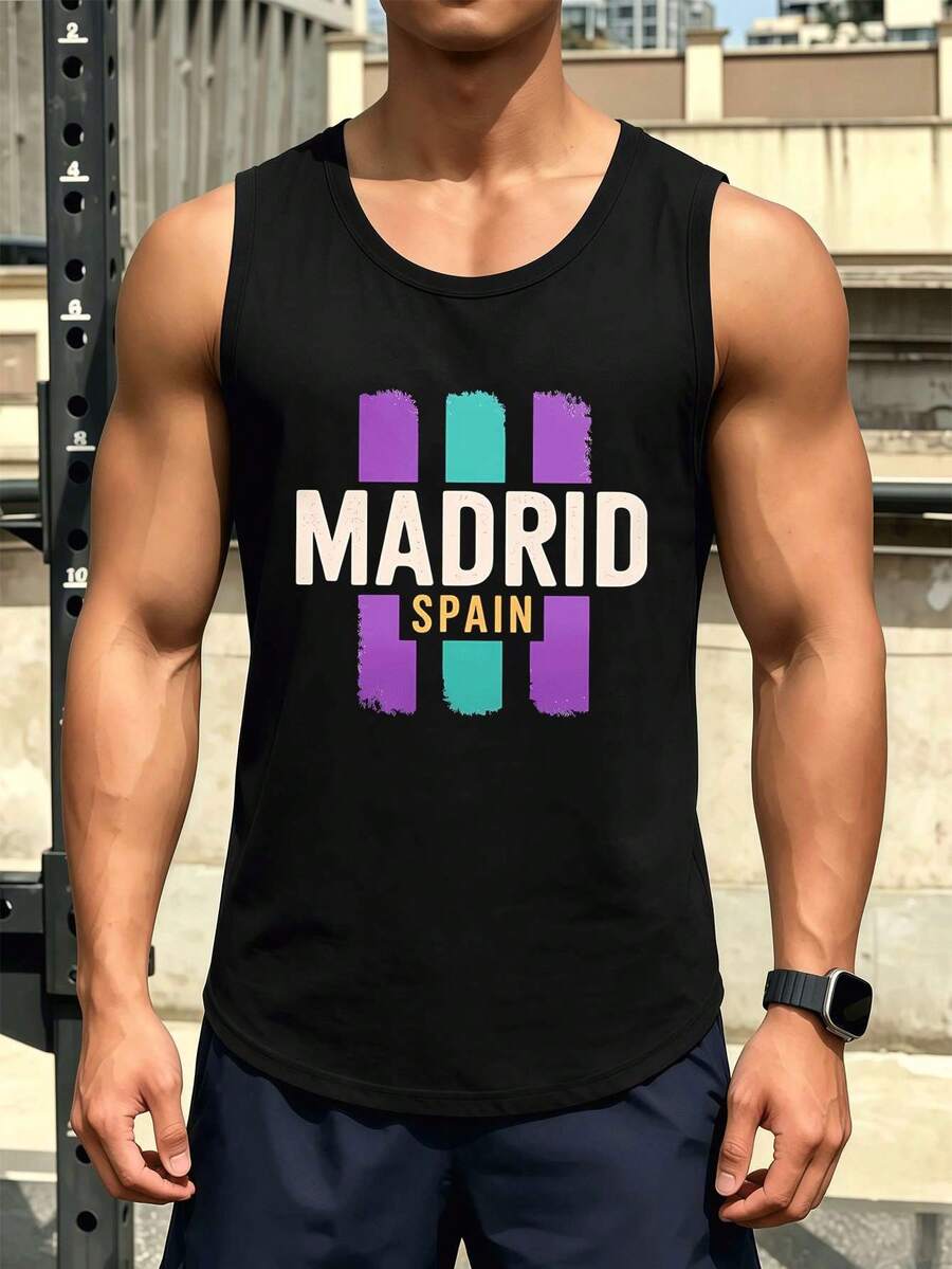 Men Workout Tank Top Madrid Spain Men's New Summer 100% Cotton Quality  Fashion Printed Tank Top , Comfortable And Soft Breathable Cool - 黑色 - 查看 1