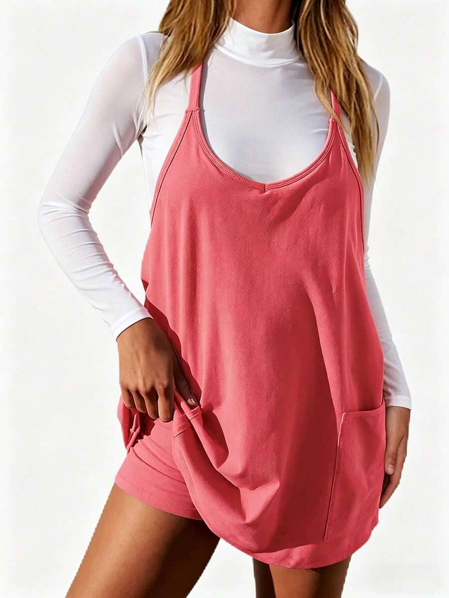 Womens Tennis Dress Workout Mini Dress With Shorts Sleeveless Spaghetti Straps Golf Athletic Dresses Mini Romper Dress Casual Workout Outfits Dresses For Women - 紅色 - 查看 1