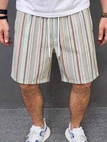 Shorts Casual Listrada de Estilo de Férias GRDR para Homens, Calça Confortável e Simples, Comprimento até o Joelho - Verde Menta - Visão 6