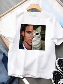 "Even Gangsters Sometimes Need A Hug" Women's T-Shirt With Funny Cat Graphic Print And Crew Neck - White - View 6