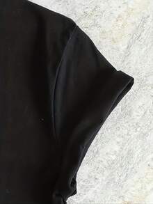 Camiseta Casual de Talla Grande para Mujer, con Estampado de Luna y Eslóganes, Manga Corta, Cuello Redondo, Ligeramente Elástica - Negro - Ver 4