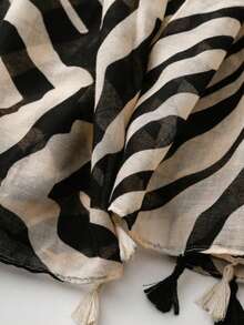 Retro Luxus Schwarz & Weiß Zebra Muster Quasten Schal, Dual-Use Schal/Umhang für Reisen & Klimaanlage, geometrisches Muster, lässiges Polyester Accessoire - Schwarz - Übersicht 9