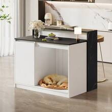 Kitchen Island, Kitchen Island With Bar Counter, Kitchen Table & Bar Counter, Multifunctional Kitchen Table, With Pet Resting Area, For Kitchen & Dining Room, White + Black Marble Look, 120*80*100cm - Black and White - View 6