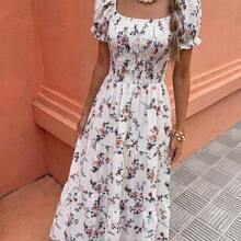 Women's Spring/Summer Square Neck Pleated Short Sleeve Ruffle Hem Maxi Dress, Featuring Small Ditsy Floral, Suitable For Casual Daily Life, Work, Travel, Beach, Bohemian, Western, Music Festival, Countryside Style - Albaricoque - Ver 2