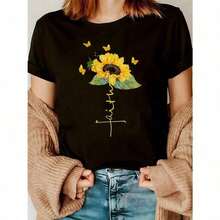 Women's T-Shirt 100% Cotton - Casual Floral Print Round Neck T-Shirt - Short Sleeve, Round Neck, Lightweight Polyester, Fashionable Spring/Summer/Autumn Top For Casual Outfits, Ladies' T-Shirts - Lightweight, Breathable, A Summer Hit. - 黑色 - 查看 9
