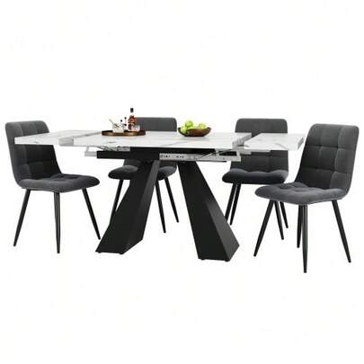 Esstisch (5-Tlg),Esstisch-Set, Ausziehbares Esstischset Für 4 Personen,160*80*75cm Esstisch Mit 4 Esszimmerstühlen,Grauer Samt-Esszimmerstuhl,Grauer Tisch Mit Säulenfüßen