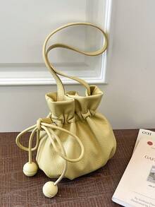 New Solid Color Drawstring Bucket Bag, Casual Cute Mini Shoulder Crossbody Bag - Yellow - View 9