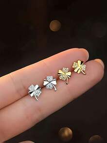 1 Pair S925 Sterling Silver Elegant Lucky Four-Leaf Clover Earrings, Meaning Good Fortune, Paired With Delicate Synthetic Zirconia Inlays, Low-Key Luxury, Low Allergy, Gentle And Atmospheric For Girl's Daily Wear, Vacation, Music Festival - Four-leaf Clover - View 4