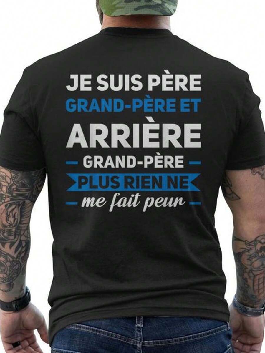 Men's Summer T-Shirt With Back Print And Chinese Text "I Father Grandfather Great-Grandfather" - Casual Short-Sleeve Crew Neck T-Shirt, Breathable Fabric For Family Events And Casual Wear - Comfortable Design For Grandpa/Elderly/Ancestor, Ideal For All Seasons. Loose And Comfortable For Summer. - Back - View 1