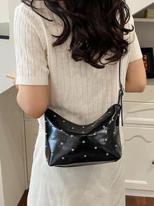 Bolso bandolera de moda BEIKAMU con decoración de remaches, correa de hombro ajustable, cierre con cremallera, versátil, adecuado para universidad, ir al trabajo, compras, paseos, uso diario - Negro - Ver 7