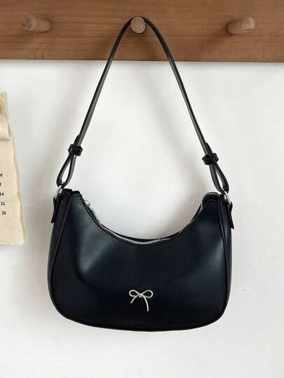 Bow Decor Minimalist Fashion Shoulder Bag, White Collar Work Commute Bag, Solid Crescent Bag