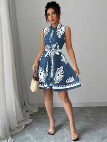 Elenzya Vestido corto sin mangas con botones delanteros y estampado vintage para vacaciones casual de mujer - Azul - Ver 6