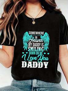 Camiseta 100% Algodón para Mujer, "Orgulloso de mi papá en el cielo", Feliz Día del Padre, Orgulloso de papá - Negro - Ver 7