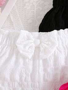 4 piezas Pantalones cortos tipo bombacho con decoración de moño 3D en unicolor para niñas, adecuados para salidas diarias en verano - Multicolor - Ver 5