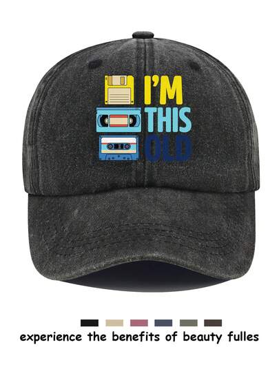 Vintage "I'M THIS OLD" Floppy Disk Cassette VHS Print Washed Baseball Cap - Unisex Adjustable Curved Brim Dad Hat, Perfect Gift For 80s 90s Retro Lovers, Suitable For Daily Wear, Themed Parties & Casual Outings