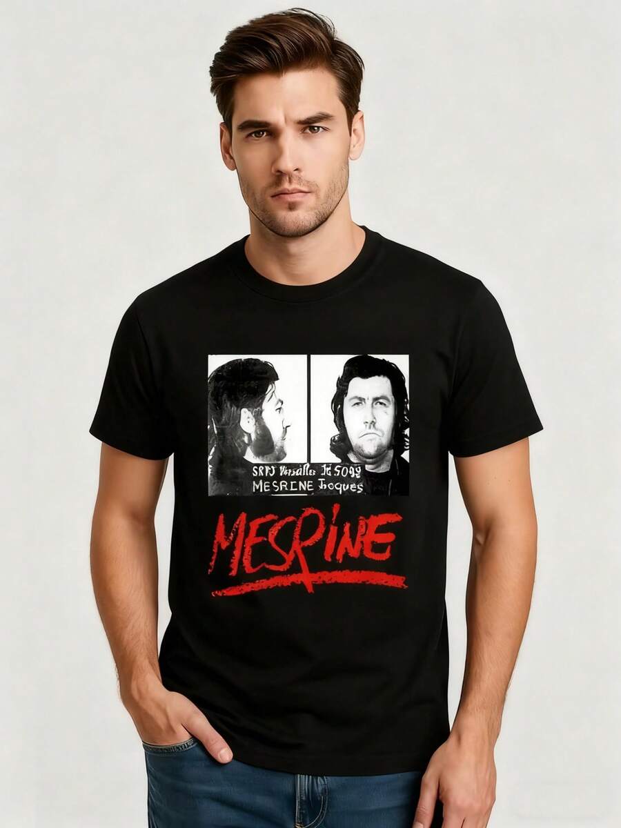 Camiseta con Foto Criminal de Jacques Mesrine para Hombre y Mujer - Iconografía de Gánster Francés Retro, Atuendo Vintage con Imagen de Suspecto, Camiseta de Cuello Redondo Lavable a Máquina para Verdaderos Fanáticos del Crimen - Negro - Ver 1
