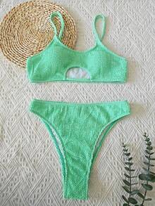 Bộ bikini hai mảnh cạp cao màu xanh lá cây khoét rỗng gợi cảm kiểu Châu Âu và Mỹ mới cho mùa hè, kèm áo ngực có đệm. - Màu xanh Cadet - Xem 2