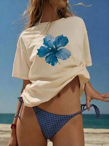 Camiseta de manga corta beige con cuello redondo, estampado floral, estilo casual, holgada y versátil para mujer, ideal para el verano, un top moderno para el uso diario. - Albaricoque - Ver 5