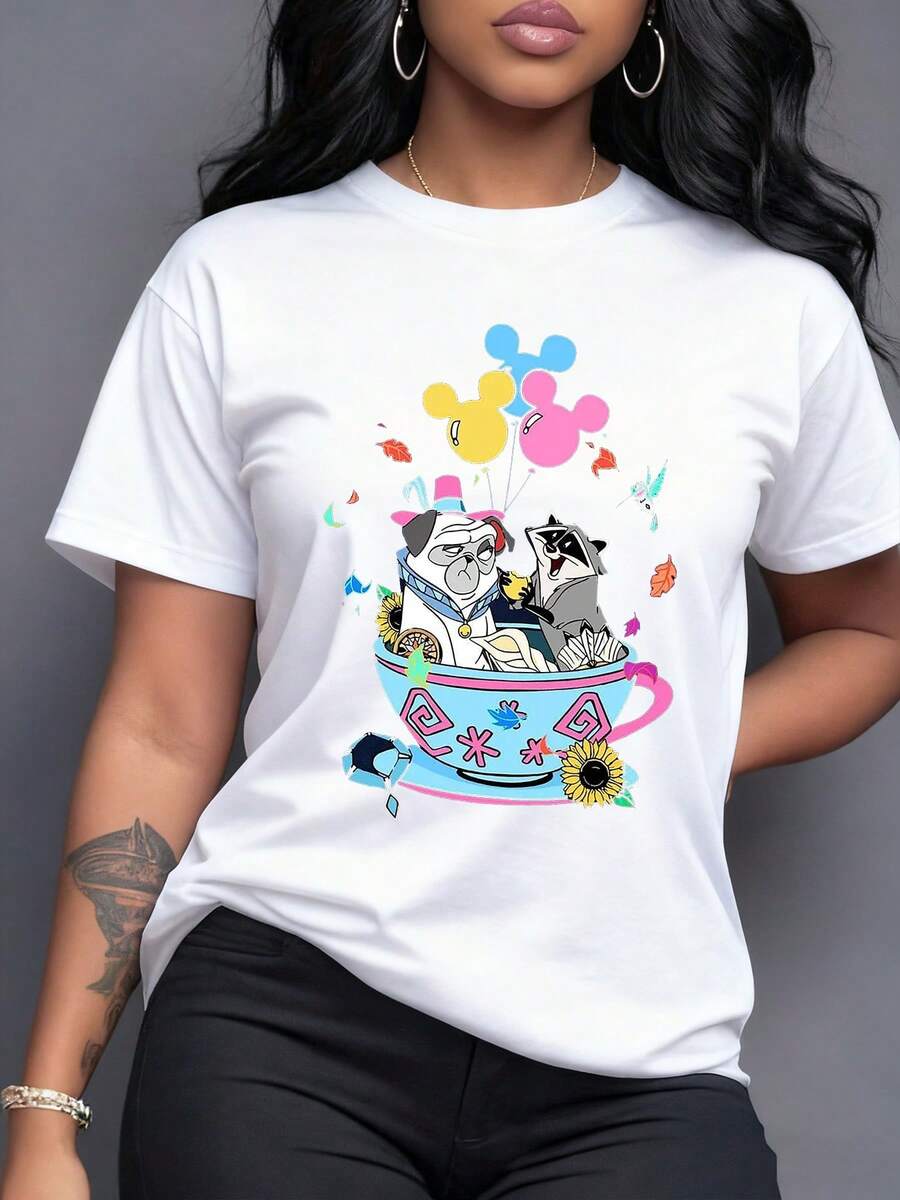 Taza colorida con perros caricaturescos sosteniendo globos en forma de cara sonriente rodeados de flores y hojas que simbolizan alegría y libertad camiseta para mujer casual moderna - Blanco - Ver 1