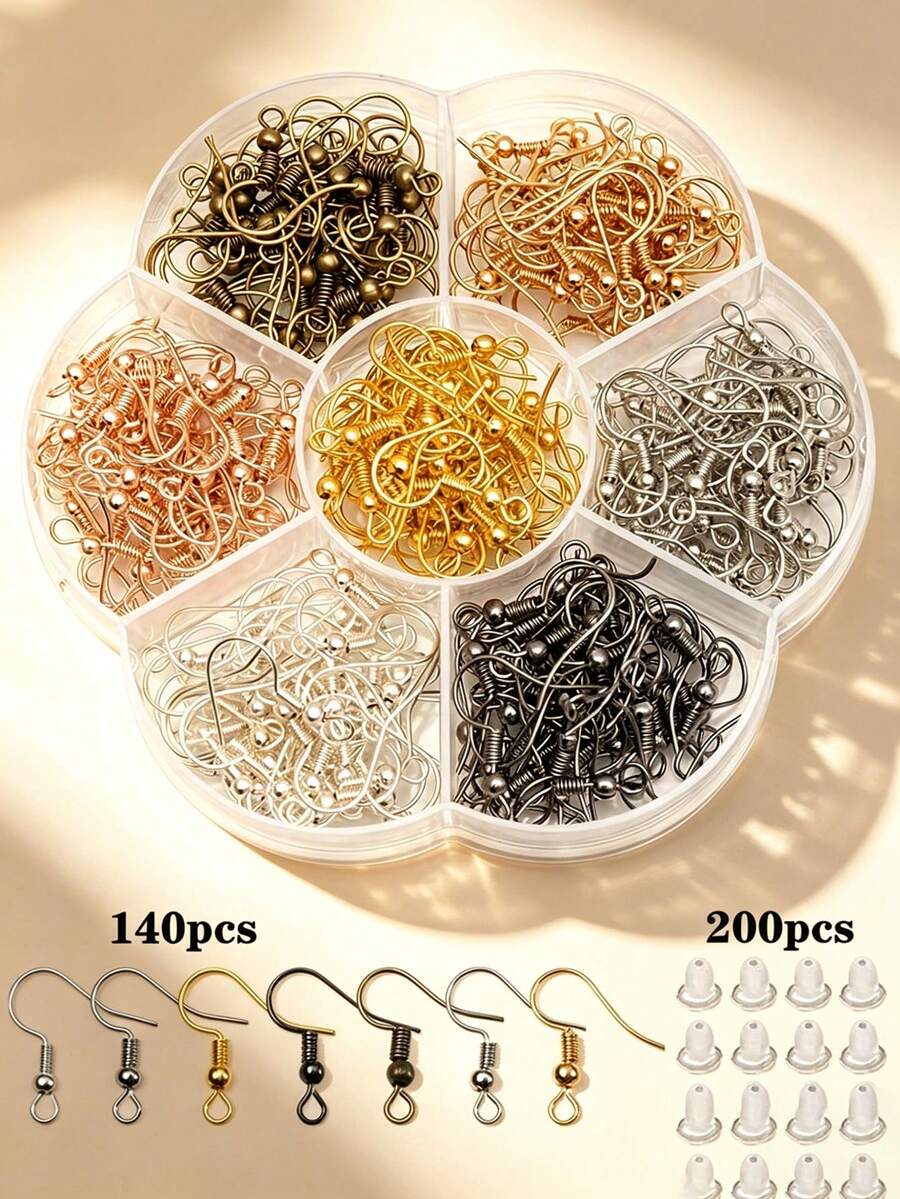 140个低过敏性耳钩(带珠子和螺旋装饰),200个透明硅胶耳塞,7种颜色鱼形耳钩,DIY珠宝制作耳环配件,包含耳塞,无需电源 - 7色耳鉤+耳塞套盒 - 查看 1