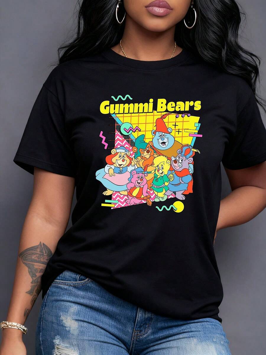Cheerful Colorful Bears Celebrating Together On A Vibrant Geometric Background Full Of Lines And Retro-Style Figures. Women's T-Shirt With Fun Art And Positive Energy, Ideal For A Modern Casual Look. - 黑色 - 查看 1