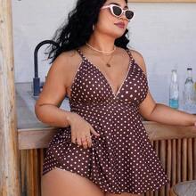 Swim Mod Plus Size Women's Polka Dot Print Deep V-Neck Ruffle Top Paired With Regular Trousers, Flattering Silhouette Beach Atmosphere Women's Swimwear Set - Multicolor - Ver 2