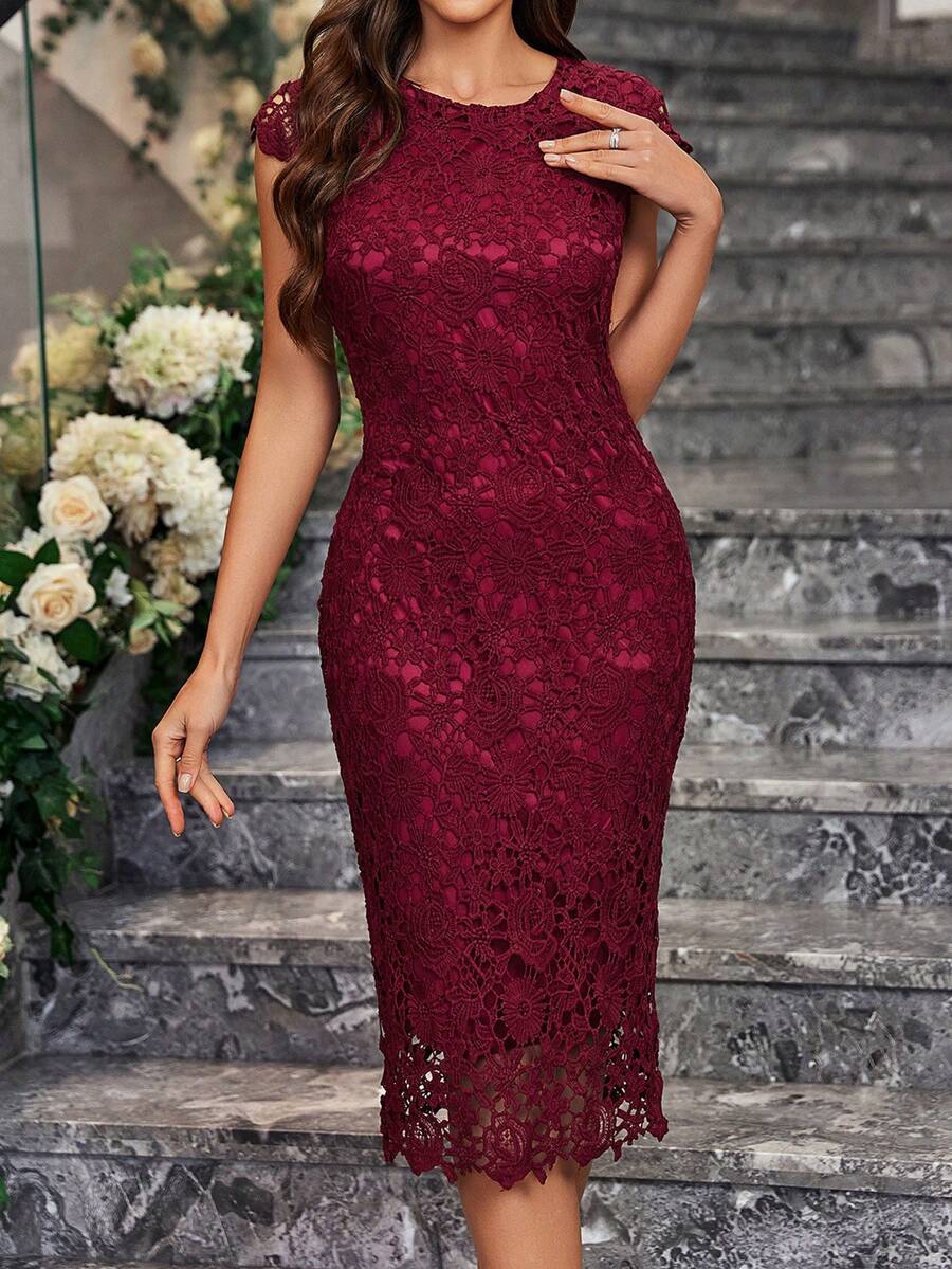 2026 Spring/Summer New European And American Elegant Women's Dress Series Light Blue Lace Bodycon Midi Dress, Cap Sleeve Round Neck Formal Dress Wedding Guest & Cocktail Women's Vacation Wear B1SJ - 酒紅色 - 查看 1