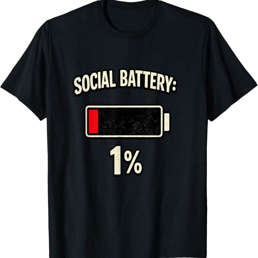 Warning Social Battery Low 1% T-Shirt - Black - View 1