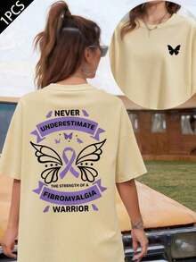 Fibromyalgia Awareness Support T-Shirt, 220 G/M² Cotton T-Shirt With Double-Sided Print, Round Neck, Casual Style For Women (1 Piece) - 杏色 - 查看 6