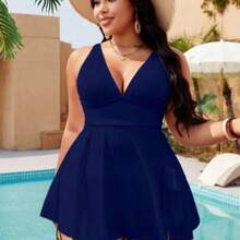 Swim Lushoire Plus Size Women's Solid Color Textured Fabric Athletic Casual Tankini Swimsuit For Summer Beach Vacation - Azul Marino - Ver 1