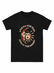 Camiseta Oversize Vintage con Diseño de Sol y Luna Bohemios - Camisetas Holgadas 100% Lavadas al Ácido para Mujer y Hombre, Diseño Gráfico con Elementos Florales, Nueva Edición, Perfecta para Uso Casual de Verano - Negro - Ver 9