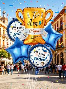7pcs Spanish Father's Day Theme Balloon Set, Includes Gold Trophy, Round Printed Balloons, And Blue Star Foil Balloons. Suitable For Father's Day Celebration Party, Family Gathering Decor, Theme Holiday Decoration, Living Room Ambiance, Restaurant Table Setting, Surprise Party, Theme Party, Patio, Balcony Decor, Party Backdrop, Dessert Table Decor - Father's Day Balloon Decoration Set - View 8