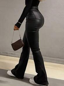 Pantalones acampanados de estilo estadounidense de primavera con efecto de piel sintética negra, estilizadores y alargadores de piernas, de moda para mujeres jóvenes de uso casual - Negro - Ver 4