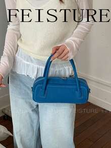 Bolso Boston mini con textura de guijarro azul, con doble asa y correa cruzada desmontable, bolso de mano casual para uso diario y citas - Azul - Ver 4