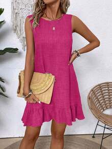 Elouméa Vestido sin mangas de unicolor, simple y diario, para vacaciones y playa - Rosa Fucsia - Ver 5