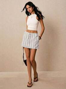 Pantalones Culotte Casuales Holgados para Mujer con Cordón Ajustable en la Cintura y Bolsillos a Rayas - Blanco - Ver 5
