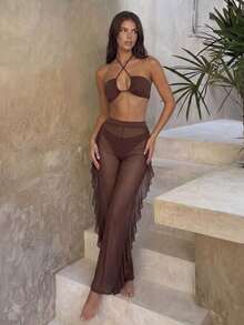 Set de 3 piezas que incluye top halter amarillo sin espalda, Bottom triangular y pantalones de playa con volantes de malla, conjunto de bikini sexy y casual para fiestas, vacaciones y festivales para mujeres - Café integral 2 - Ver 5