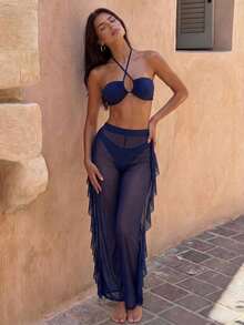 Swim Conjunto de bikini separado de 3 piezas, inalámbrico, para verano 2025 - Azul marino - Ver 7