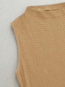 Nuevo vestido elegante y sexy de primavera/verano para citas, de cuello alto, con hebilla metálica, fruncido y sin mangas, de silueta ajustada para mujer - Caqui - Ver 5