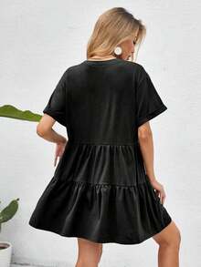 Holidaya Vestido de muñeca con dobladillo de volantes y puños enrollados, atuendo de playa de vacaciones - Negro - Ver 2
