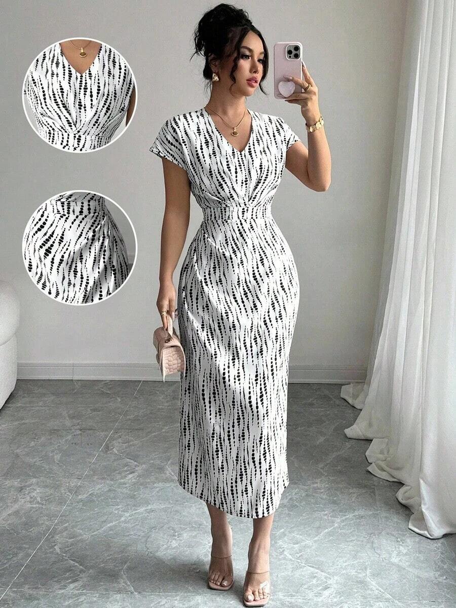 Vestido vintage con estampado floral elegante para ir al trabajo y de vacaciones - Blanco - Ver 1