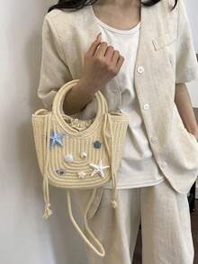 Fashionable Woven Shoulder Bag For Spring 2026, Suitable For Daily Use, Casual Outings, Travel, And Vacations - النيون - مشاهدة 5