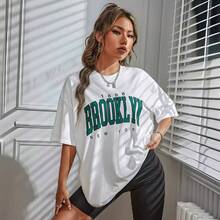 Camiseta de algodón puro de manga corta y corte holgado, de longitud media, con estampado de letras, estilo europeo y americano, para mujer, para comercio exterior transfronterizo. - Blanco - Ver 2