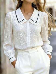 Elegant Women's White Long Sleeve Ruffle Collar Blouse With Floral Embroidery, Peter Pan Collar Semi-Sheer Fitted Shirt - White - View 1